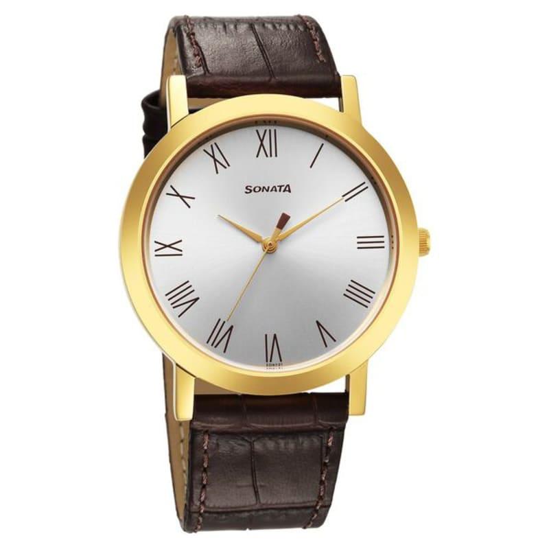Sonata Utsav Quartz Analog Silver Dial Men's Watch (Brown Leather Strap)