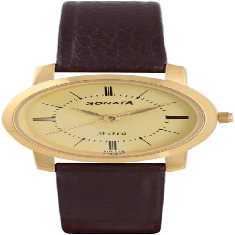 Sonata Quartz Analog Champagne Dial Leather Strap Watch for Women