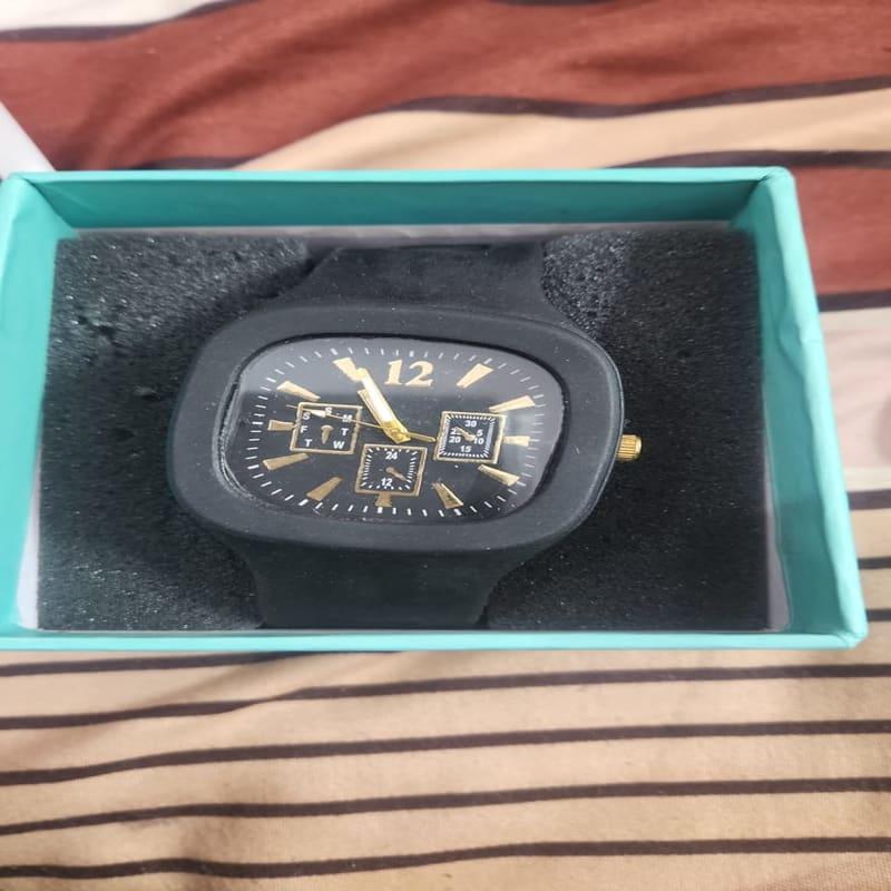 Black Square Gold Dial Chronograph Rubber Watch